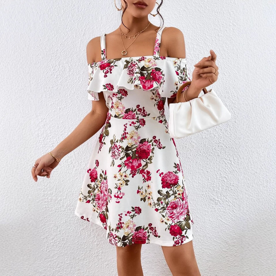 Flower Off-the-shoulder Strap Ruffled Birthday Event Dress
