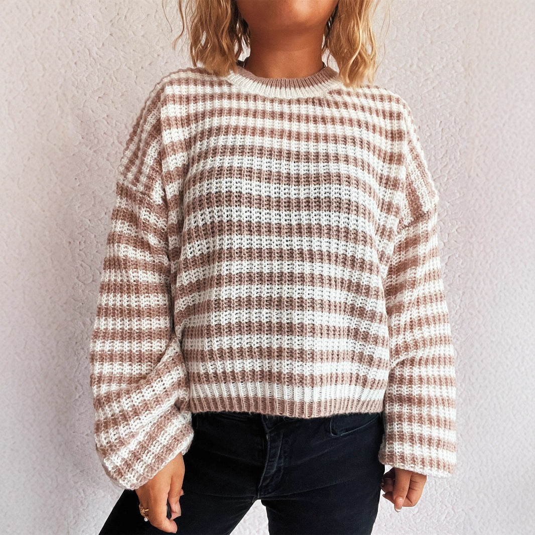 Autumn And Winter New Vintage Stripe Knitted Top Round Neck Long Sleeve Loose Pullover Sweater For Women