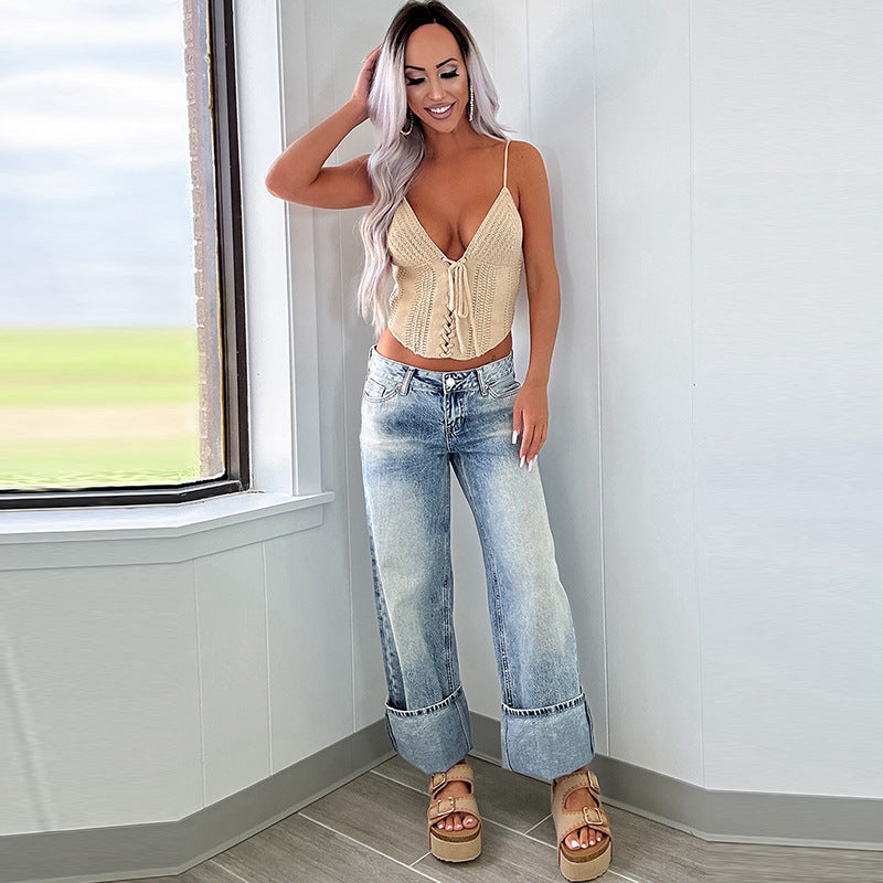 Solid Color High Waist Straight Pants Women's European And American Fashion Retro