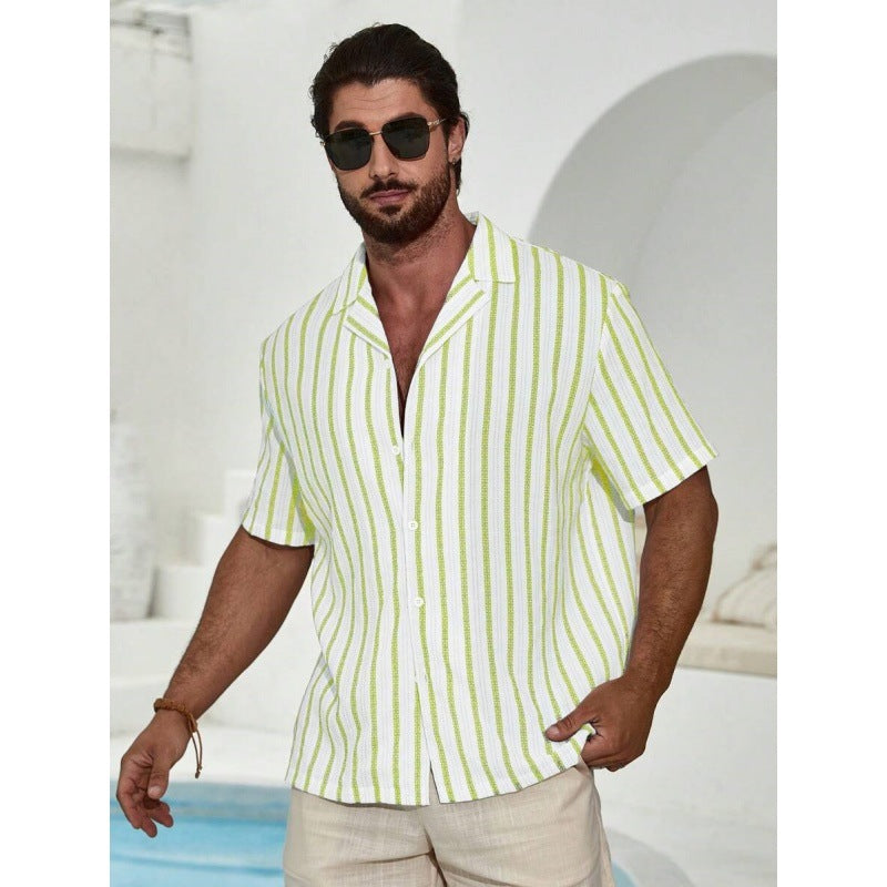 Geometric Contrast Color Striped 3D Digital Printing Short Sleeve Shirt