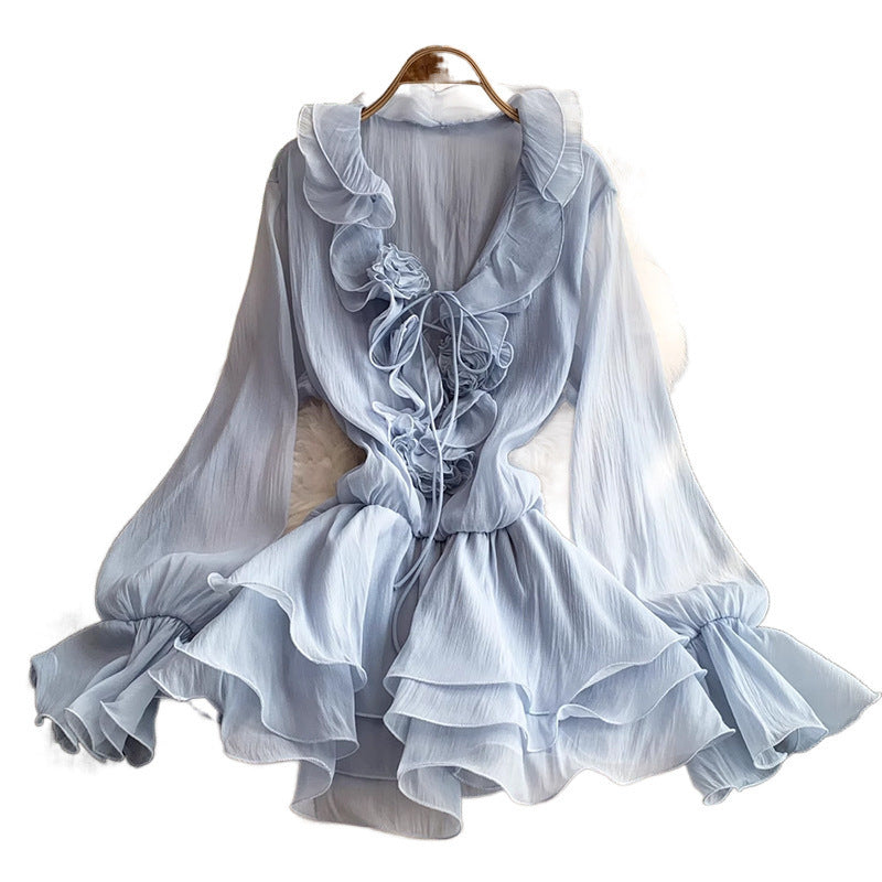 Women's Pure Color Ruffles French Style V-neck Short Skirt