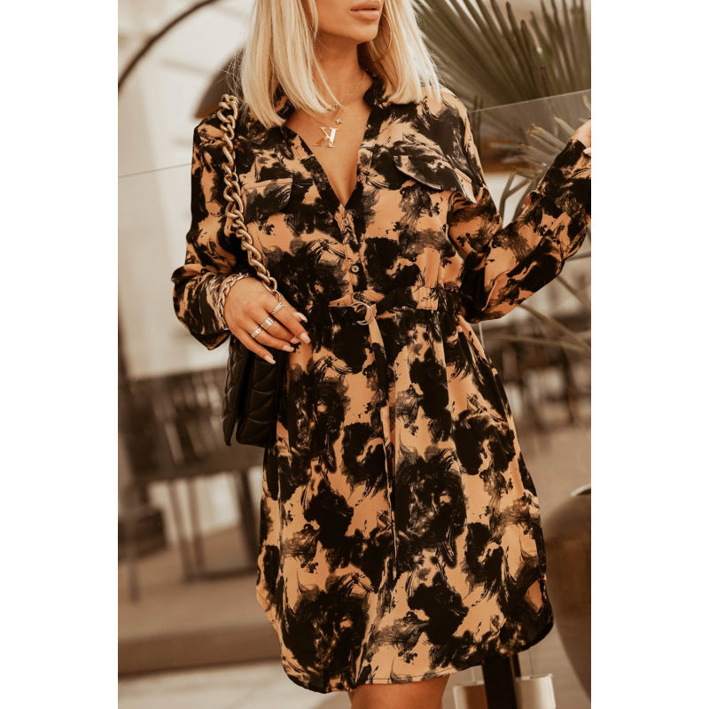 Autumn And Winter New Fashion Waist-controlled Tied Long Sleeves Printed Shirt Dress
