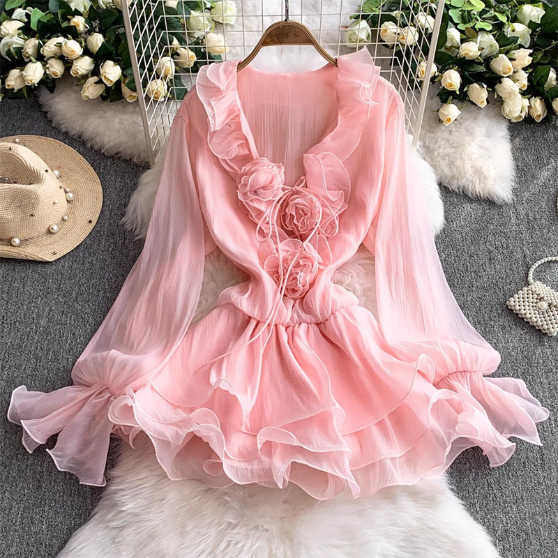 Women's Pure Color Ruffles French Style V-neck Short Skirt