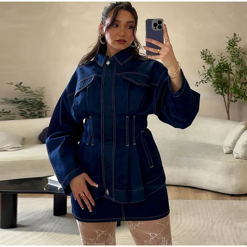 Women's Retro Washed Lapel And Waist Tight Denim Coat