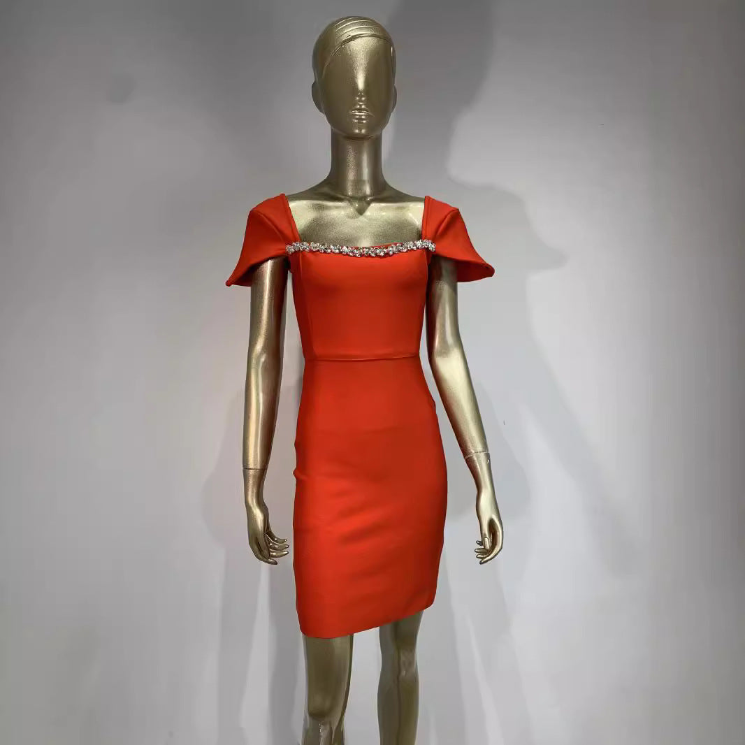 Rhinestone Off-neck Sheath Bandage Dress High Street Dress