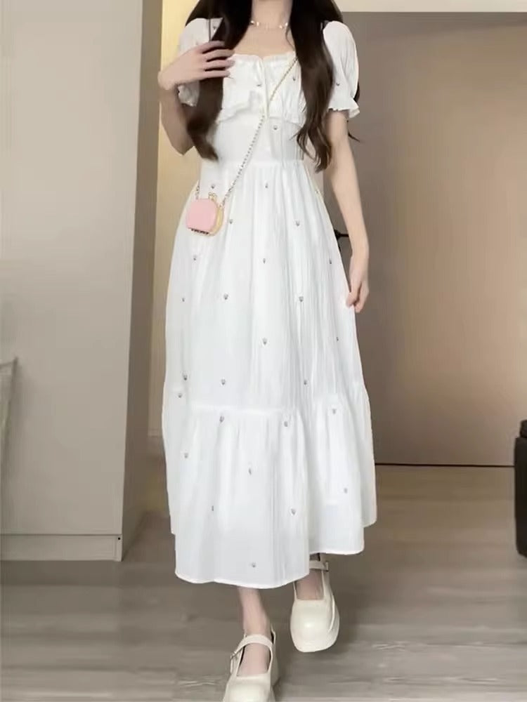 White Moonlight Short Sleeve Cinched Slimming Long Dress