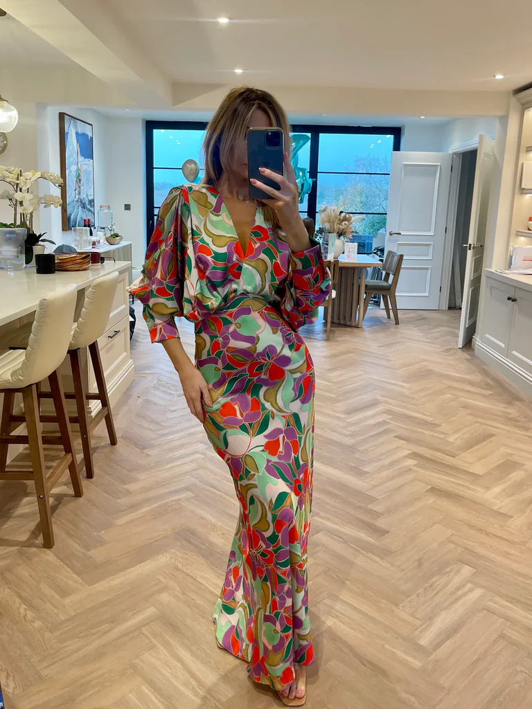 Green Floral V-neck Tight Waist Dress High-grade Sense