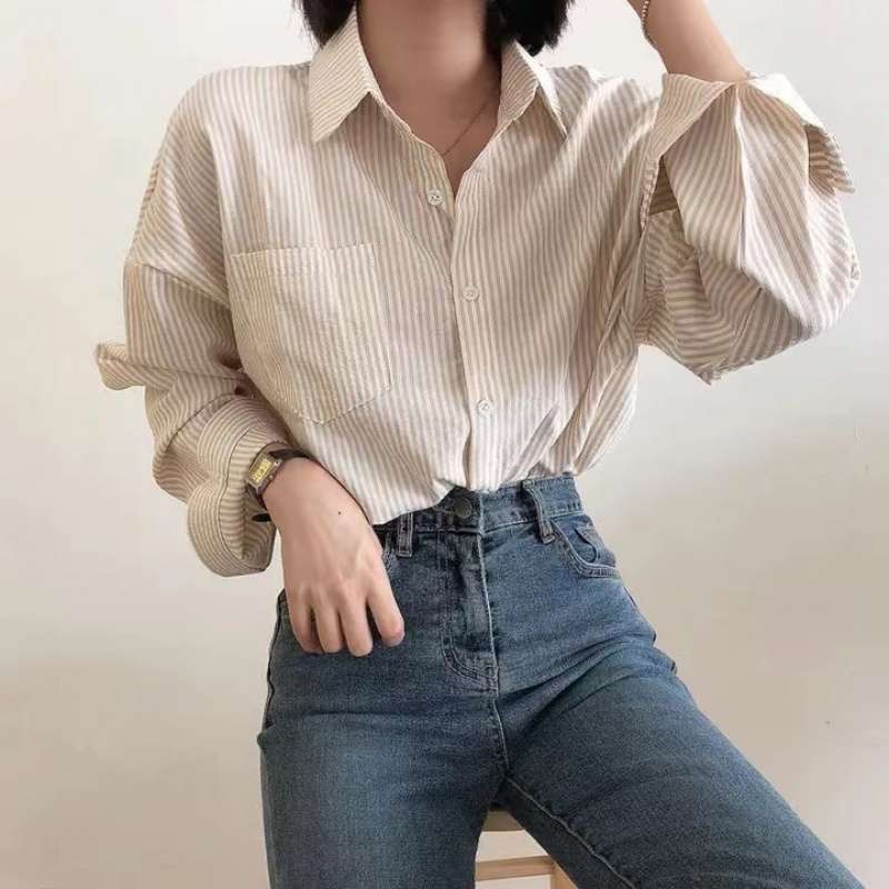 Casual Elegant High-rise Wide Striped Long Fleece Shirt Women's Top