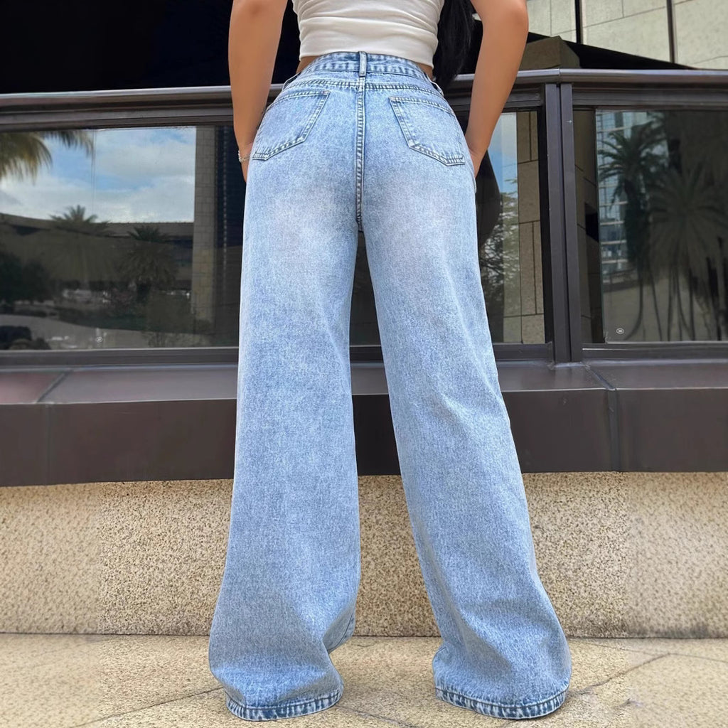 Ripped Washed Jeans Loose Straight Wide Leg