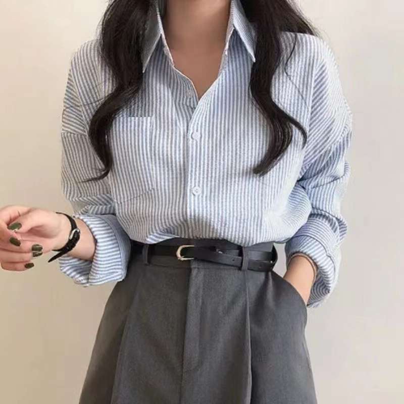 Casual Elegant High-rise Wide Striped Long Fleece Shirt Women's Top