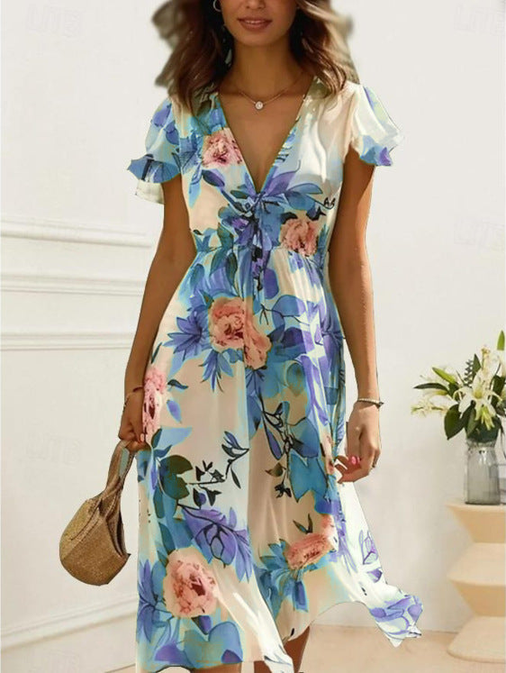 Printed Bohemian Women's V-neck Mid-length Dress