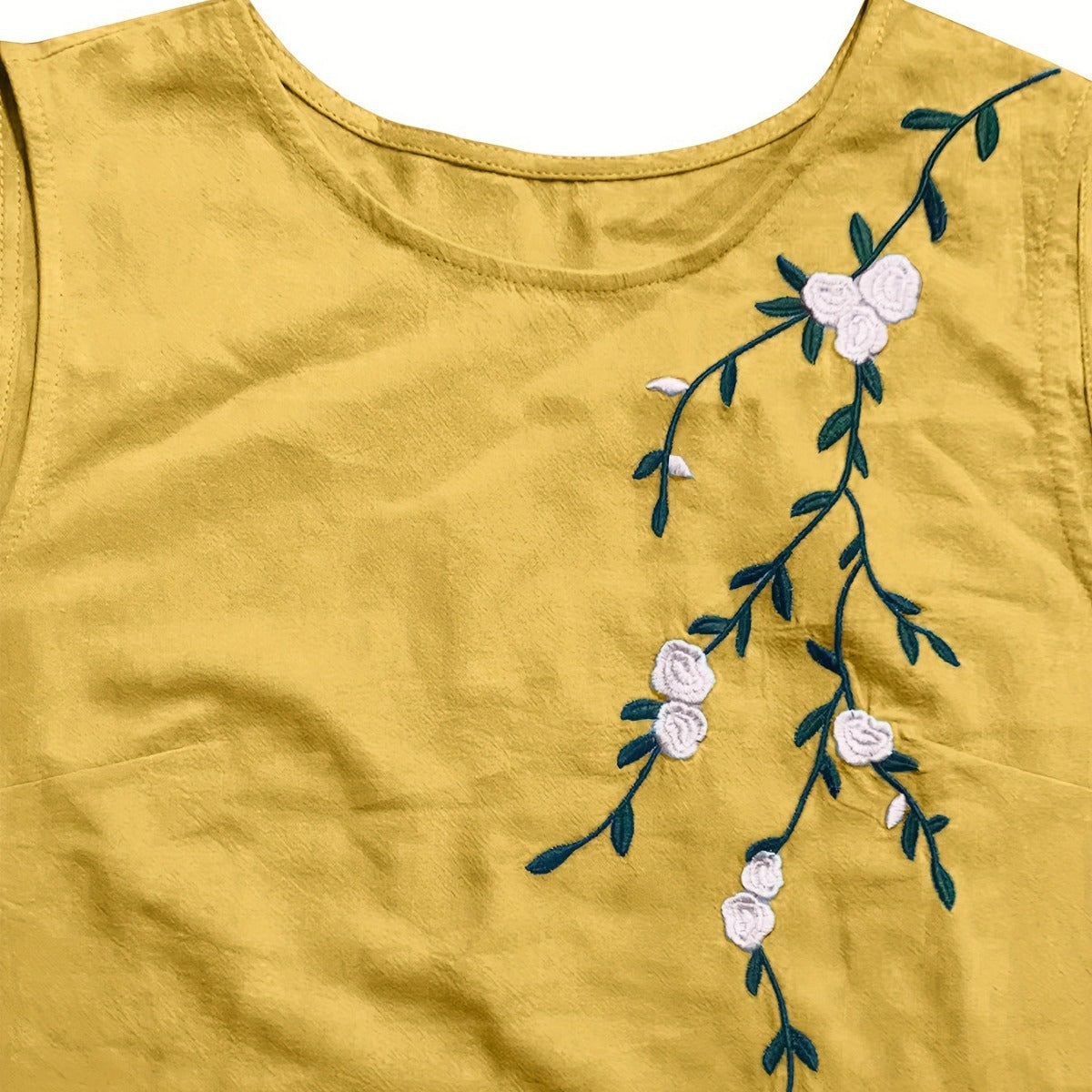 Cotton Linen Round-neck Sleeveless Embroidered Dress