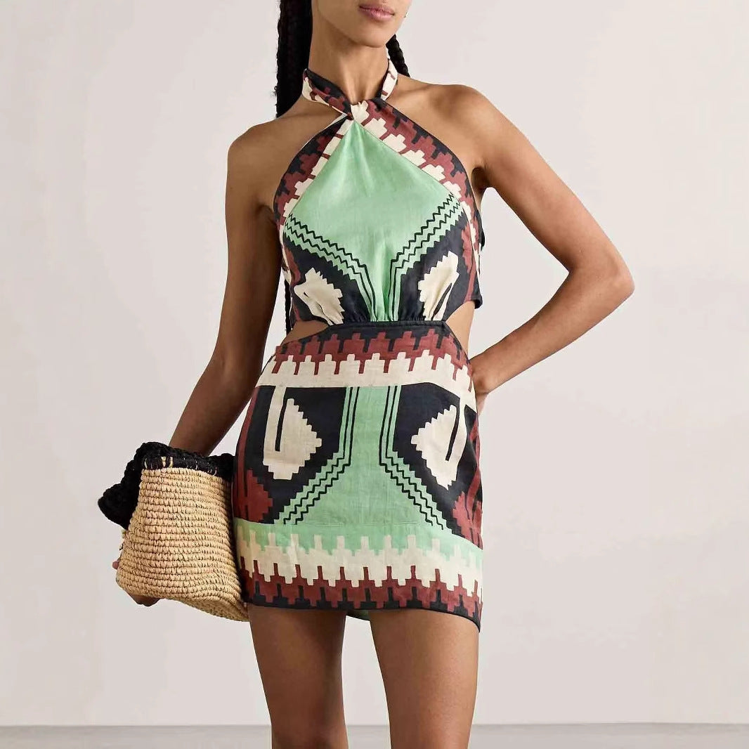 Halter Positioning Print Holiday Beach Skirt Dress