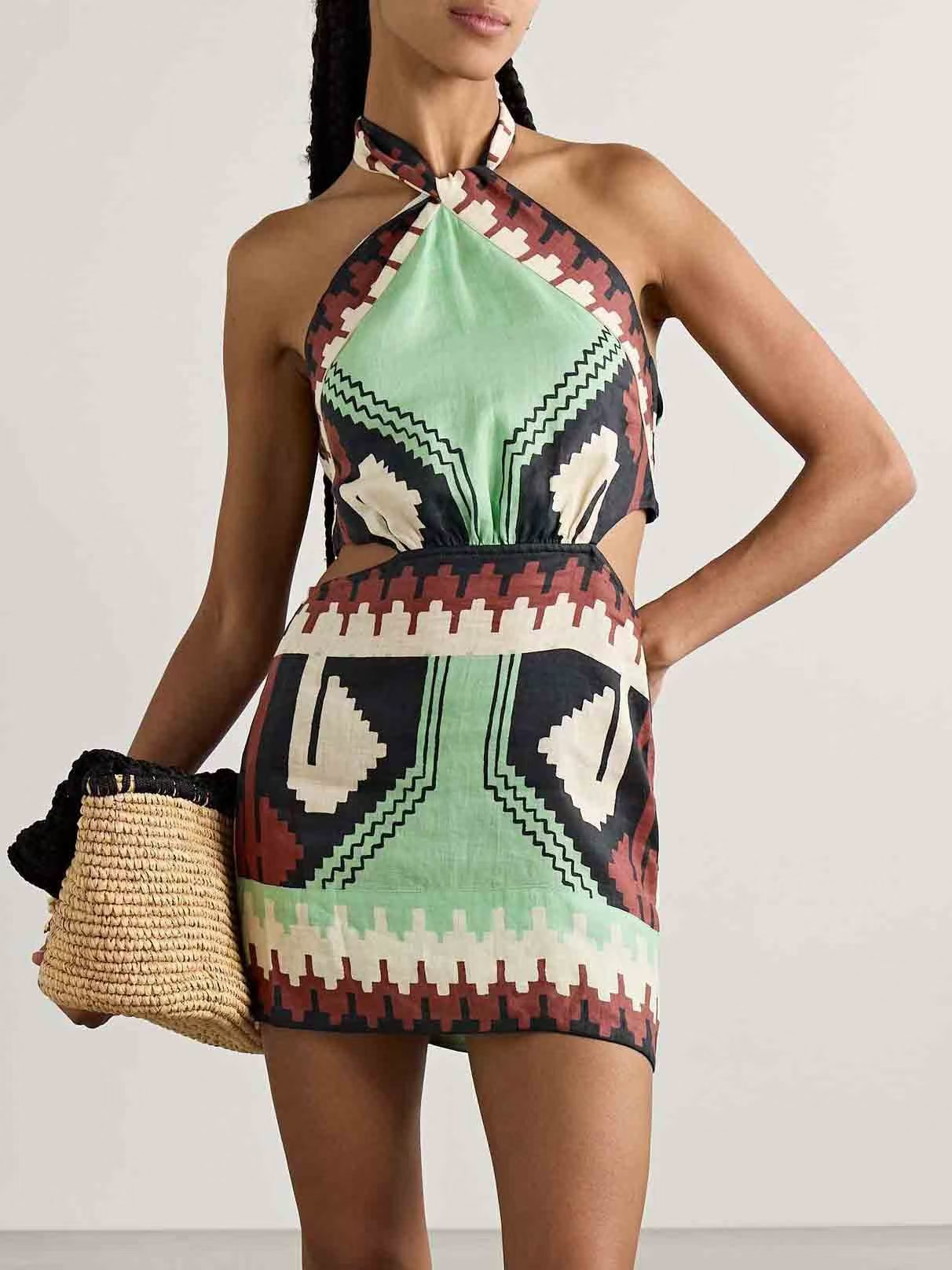 Halter Positioning Print Holiday Beach Skirt Dress