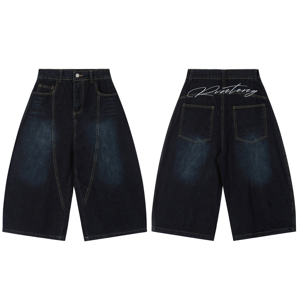 American Retro Loose Embroidered Washed Denim Trousers