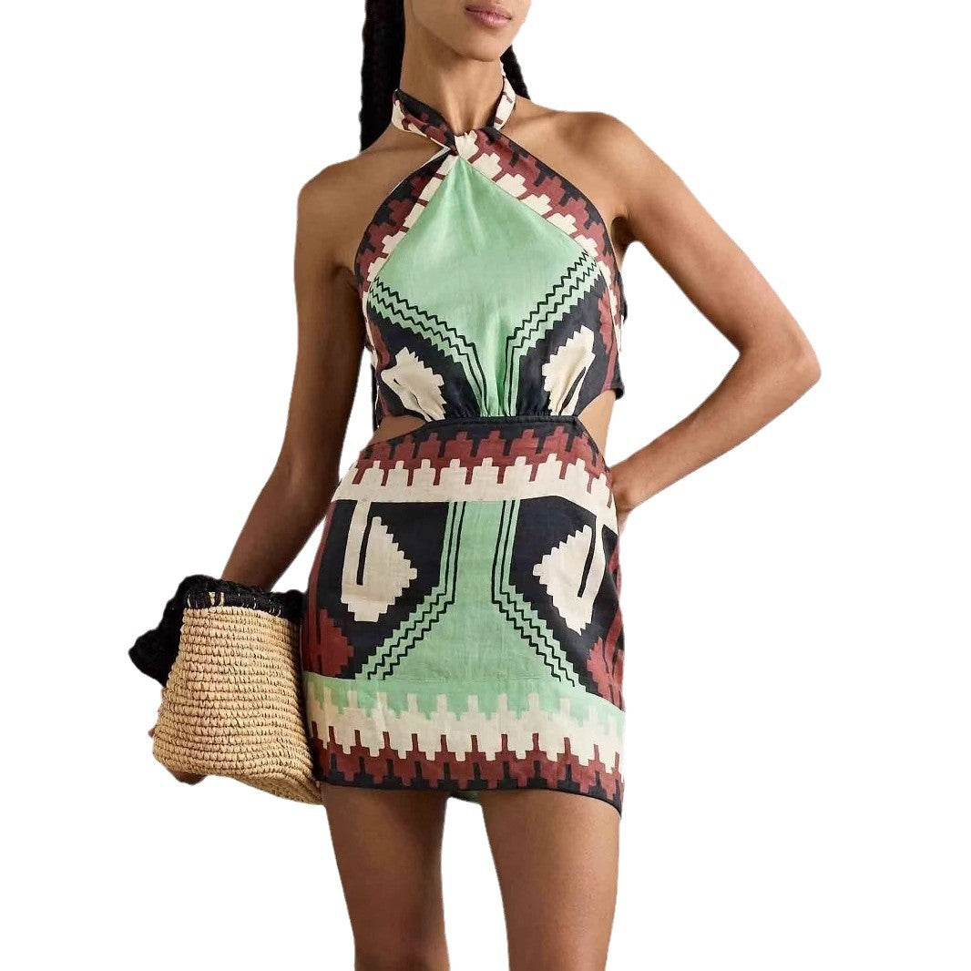 Halter Positioning Print Holiday Beach Skirt Dress