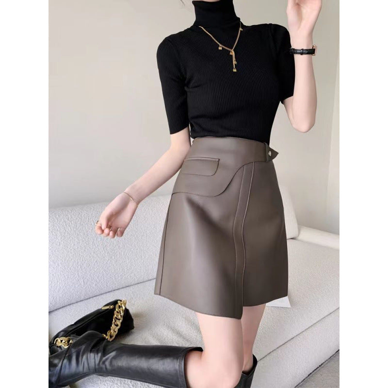 New Fashion Word Leather Skirt High Waist Slim Slimming Zipper Skirt Leather Temperament