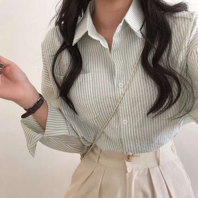 Casual Elegant High-rise Wide Striped Long Fleece Shirt Women's Top