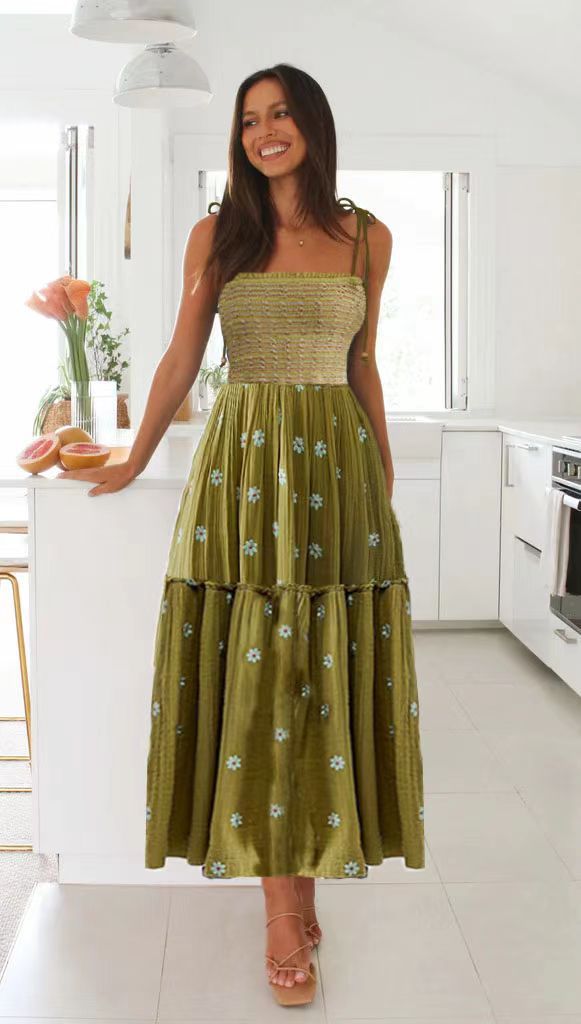 Smocking SUNFLOWER Embroidery A- Line Large Hem Dress