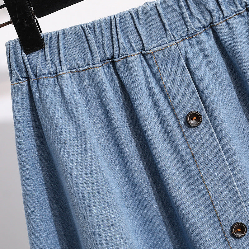 Plus Size Breasted Elastic Waist Blue Denim Skirt
