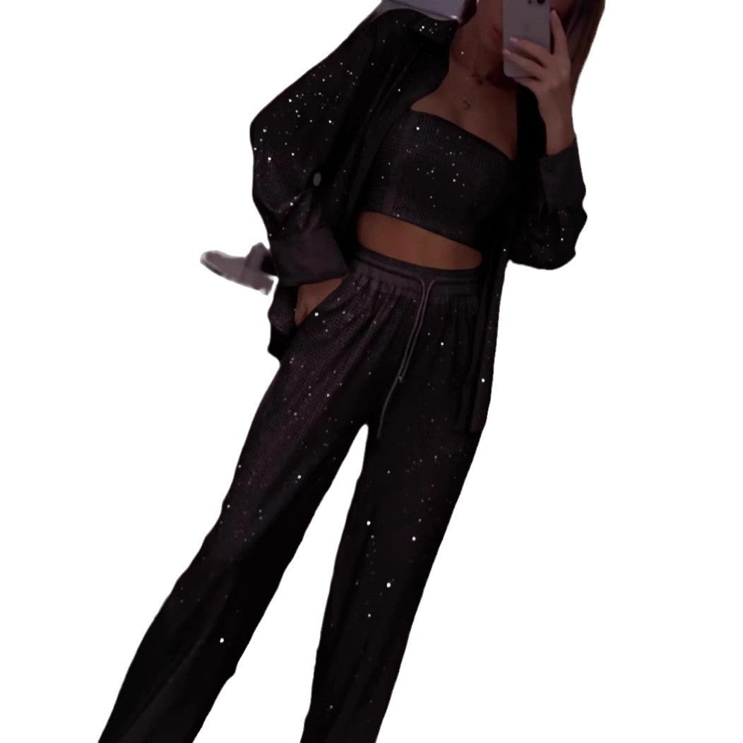Loose Sequins Jacket Tube Top Three-piece Suit