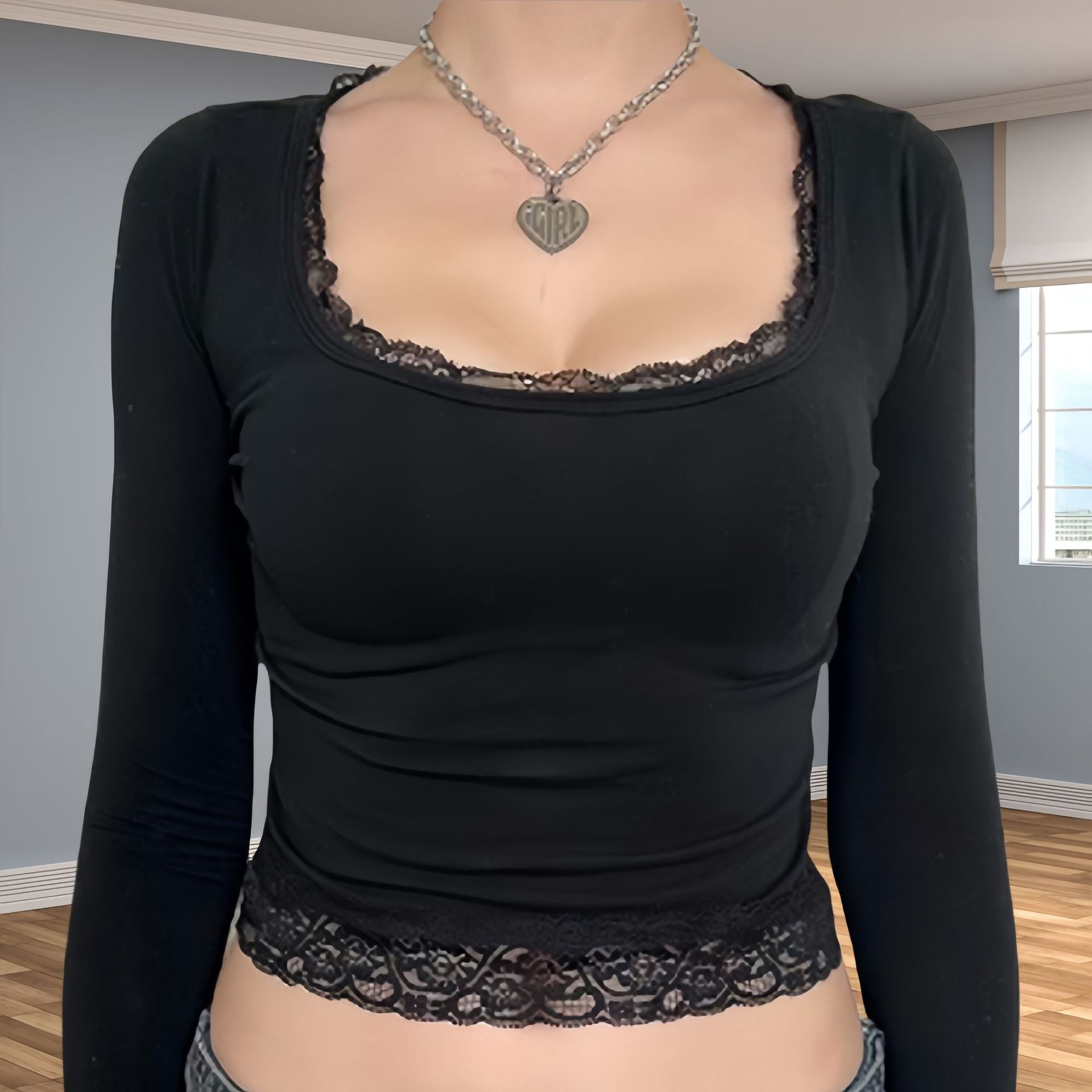 Minimalist Long Sleeve Lace T-shirt For Women