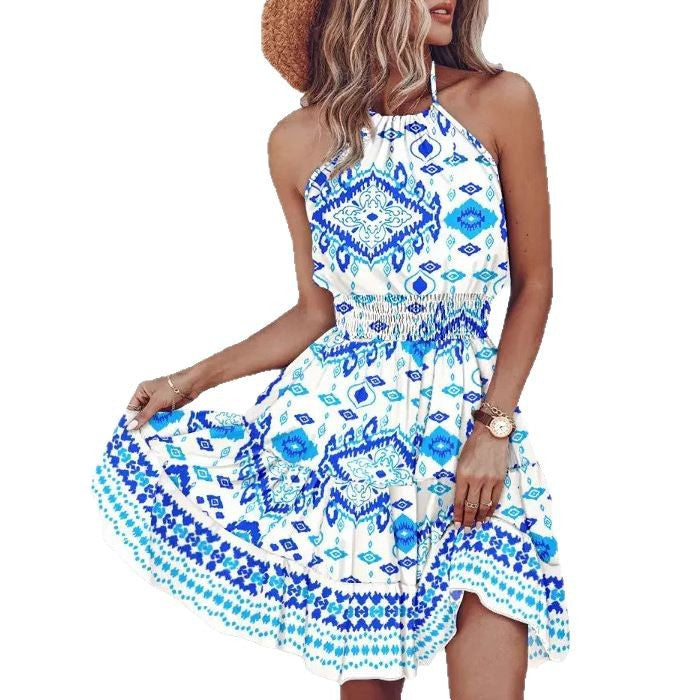 European And American Bohemian Halterneck With Suspenders Printing Dress