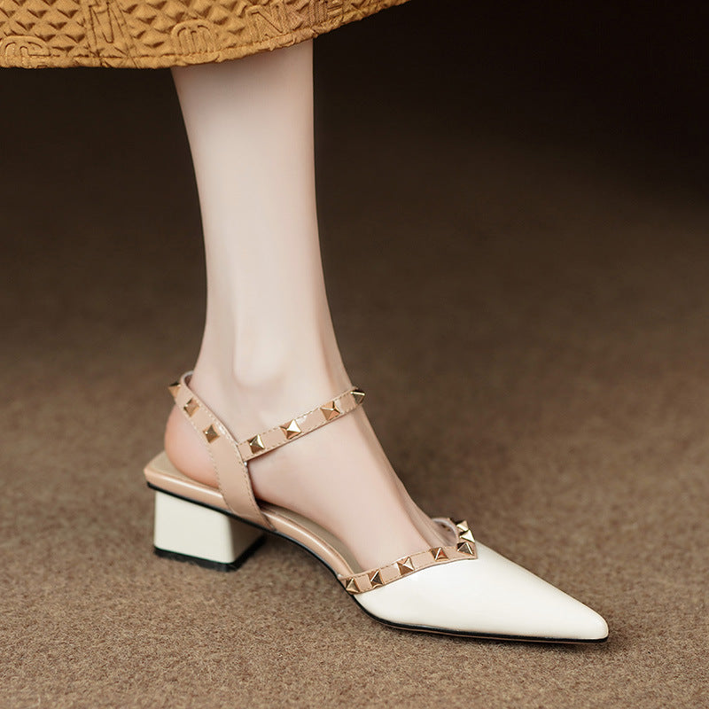 Fashion Pointed Rivets Middle Heel Back Empty Shoes
