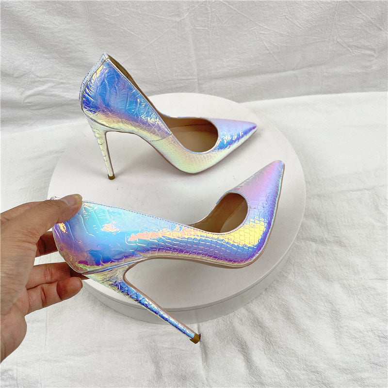 New Laser White Snakeskin High Heels 12CM Pointed Stiletto Heel