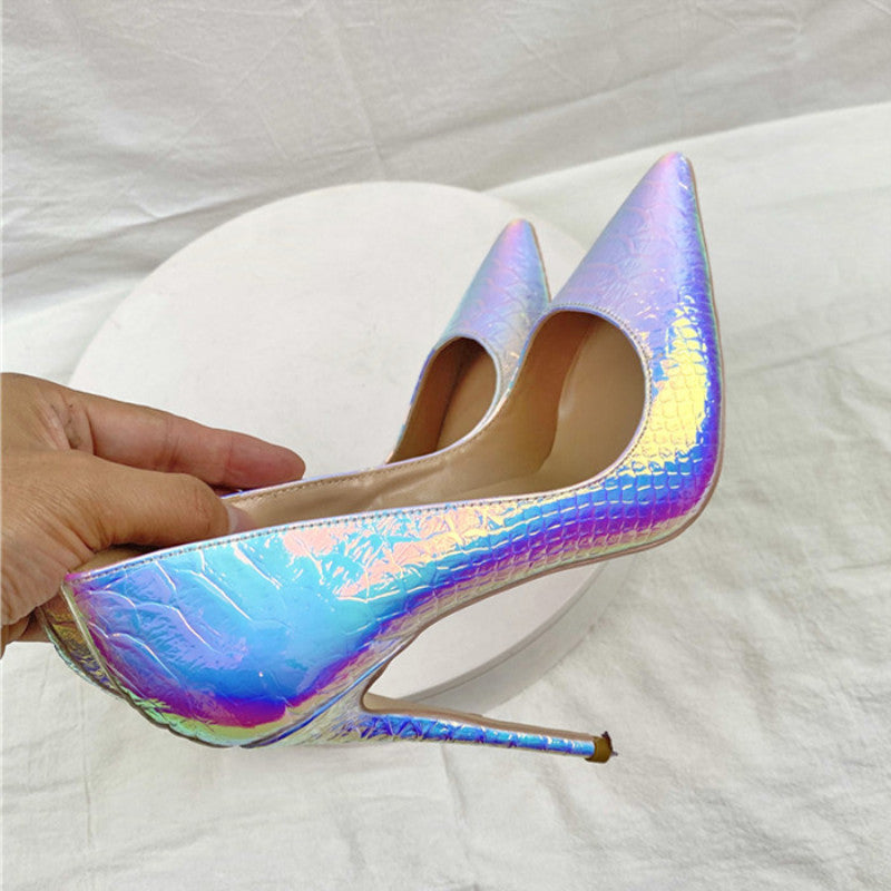 New Laser White Snakeskin High Heels 12CM Pointed Stiletto Heel