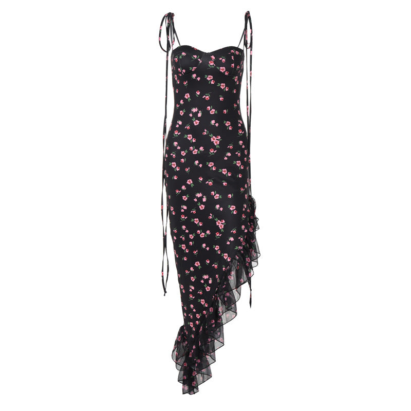 Printed Mesh Flounce Trim Lace Up Dress