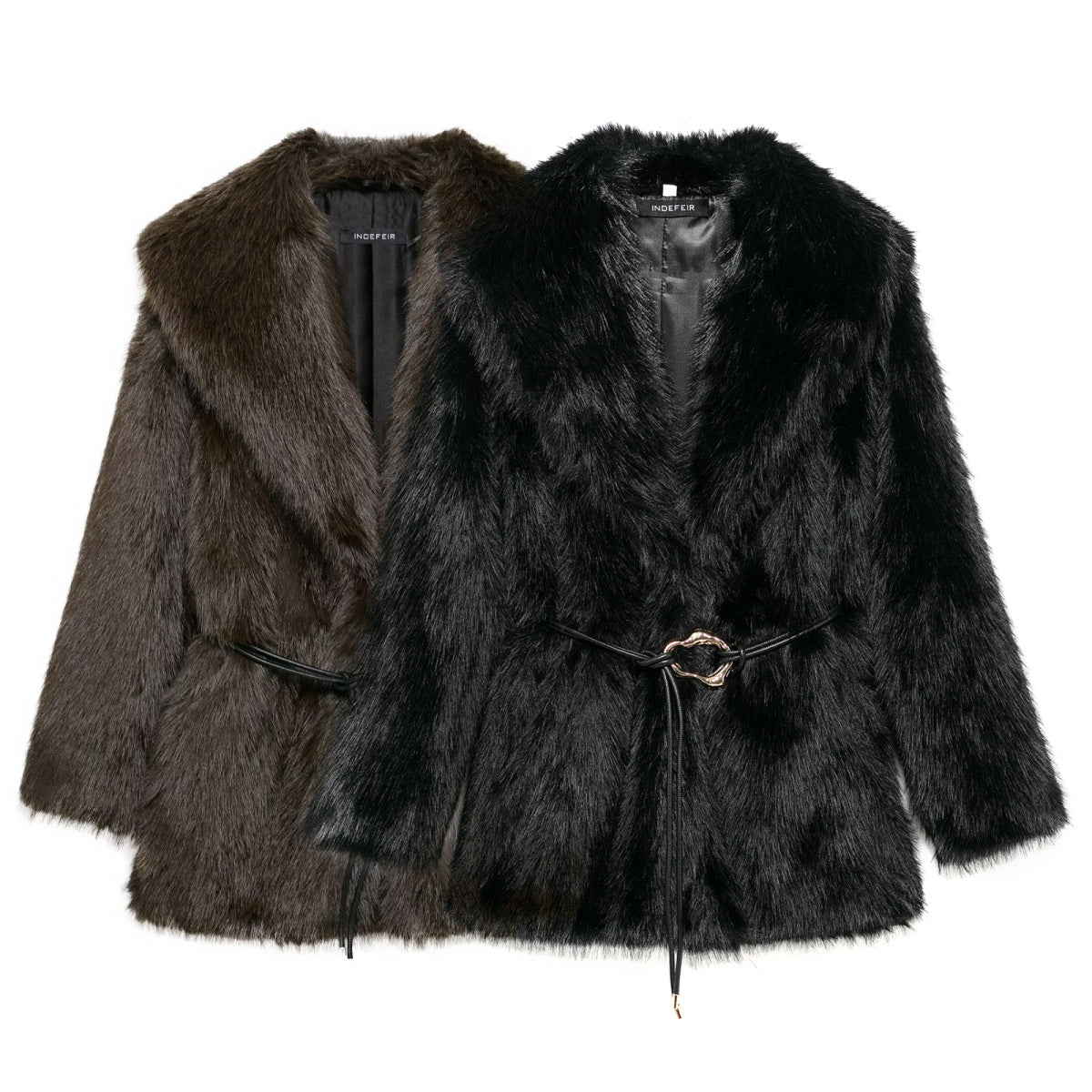 New Faux Fur Plush Lapel And Waist Tight Coat