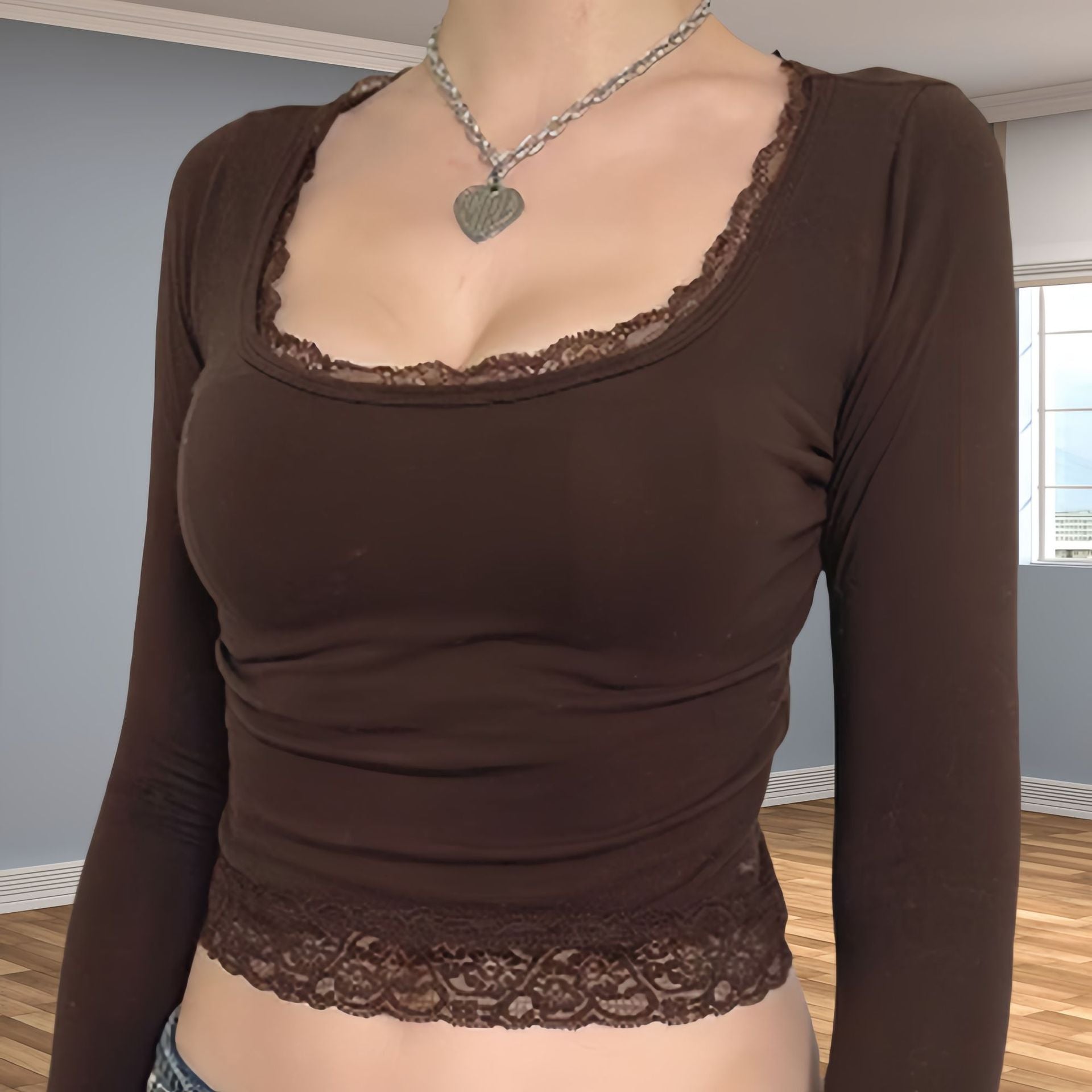 Minimalist Long Sleeve Lace T-shirt For Women