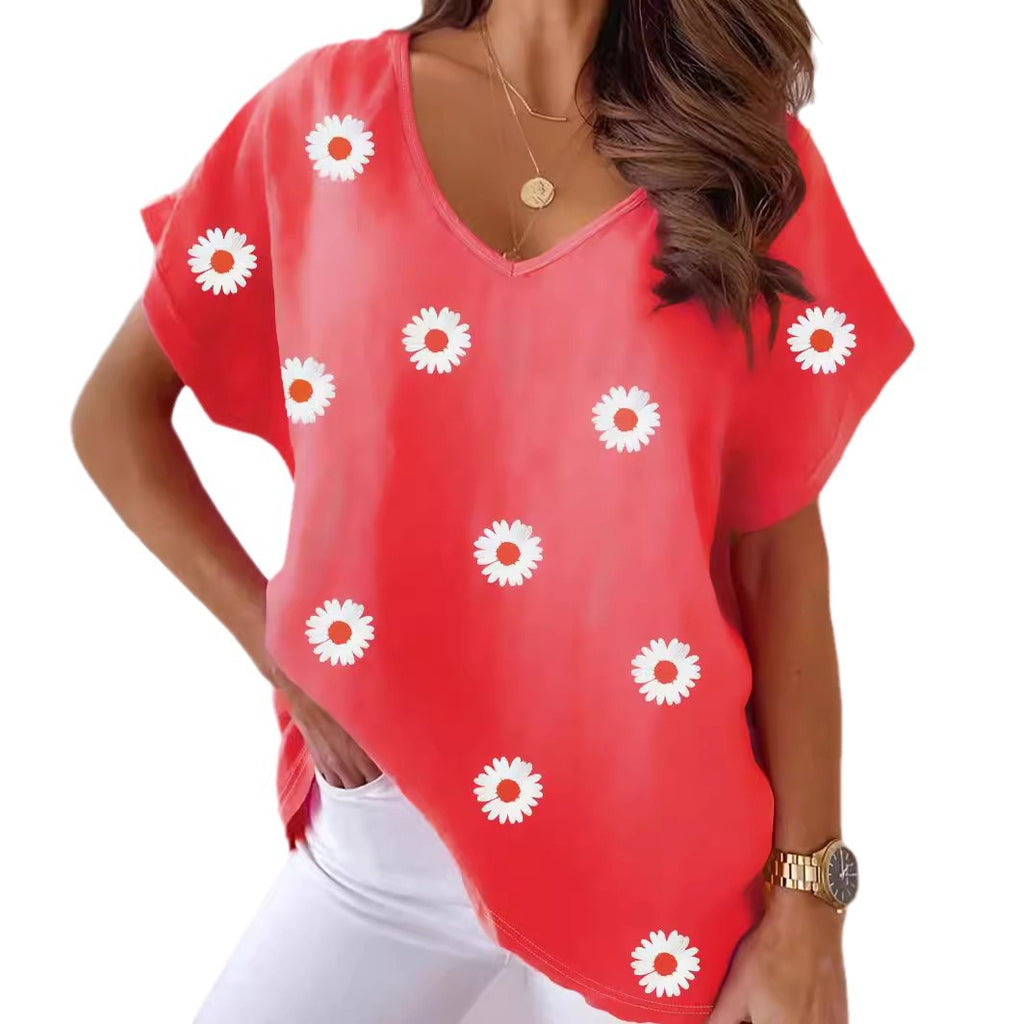 V-neck Short Sleeve Fashion Flower Print T-shirt