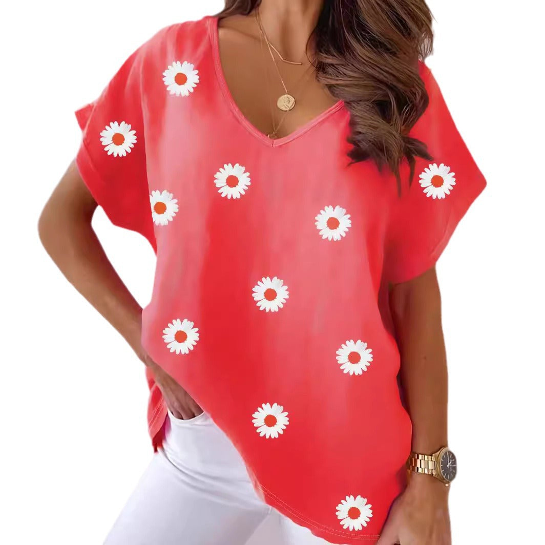 V-neck Short Sleeve Fashion Flower Print T-shirt