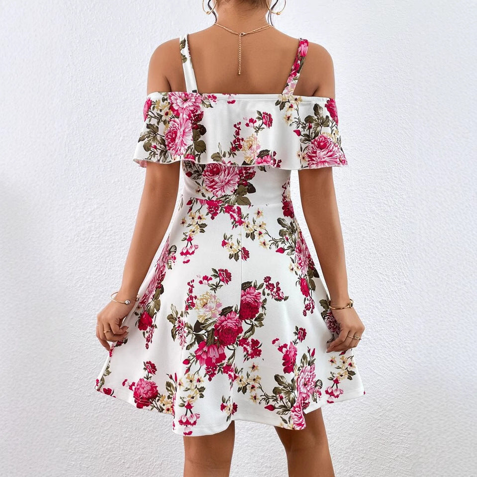 Flower Off-the-shoulder Strap Ruffled Birthday Event Dress