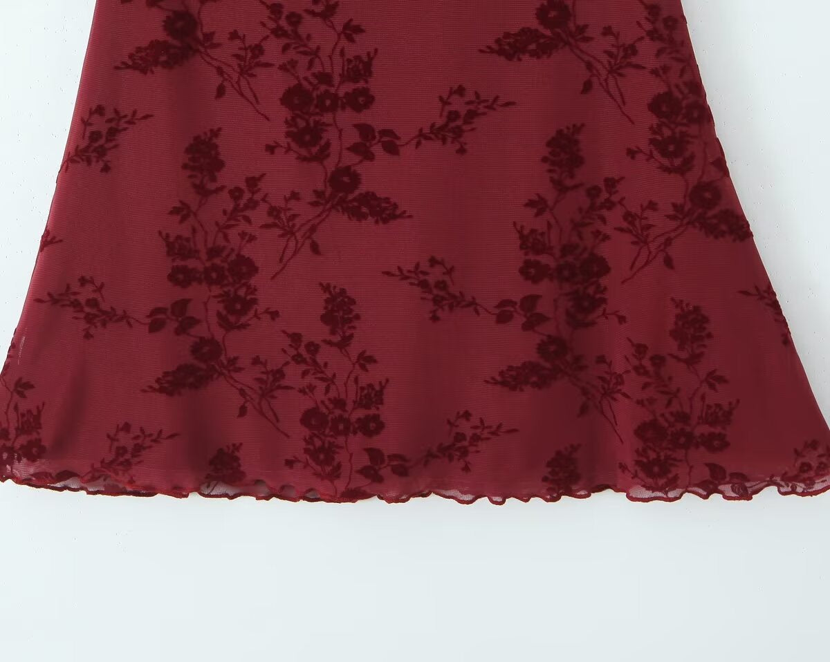 Women's Floral Flocking Lace-up Short Sleeve Dress