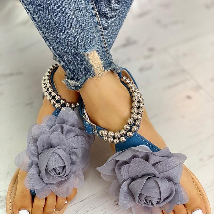 Large Size Flat Bottom Flower Sandals Bohemian Women's Beaded Fashion Comfortable Sandals