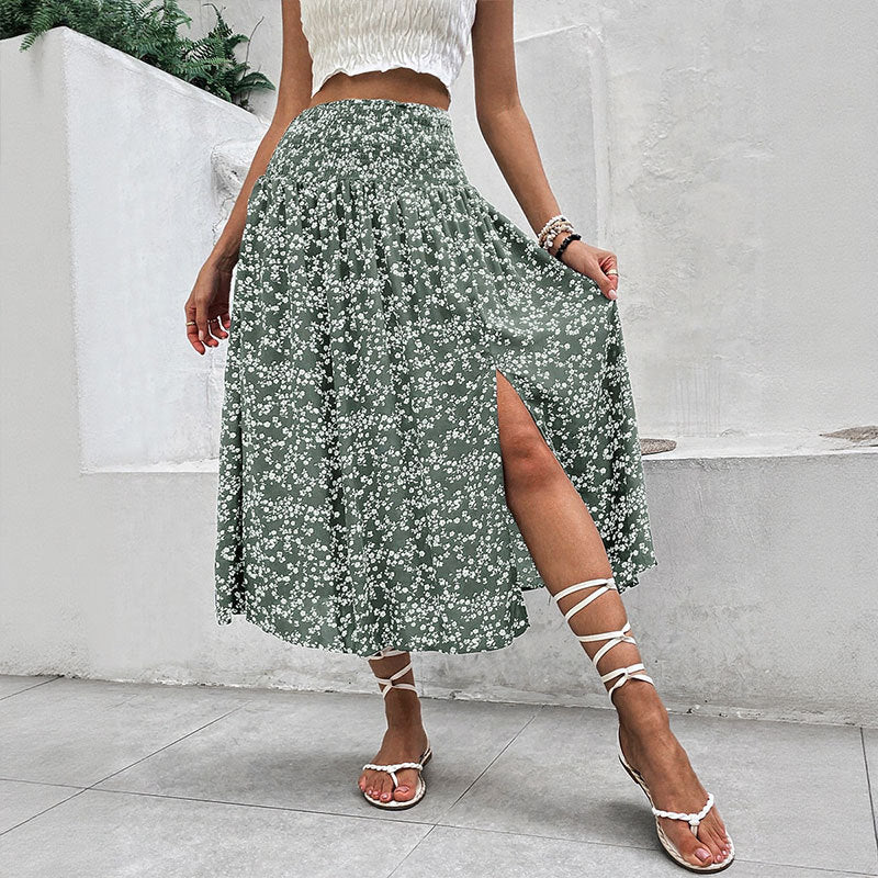 European And American Women's Clothing Casual Holiday Floral Print Split Skirt