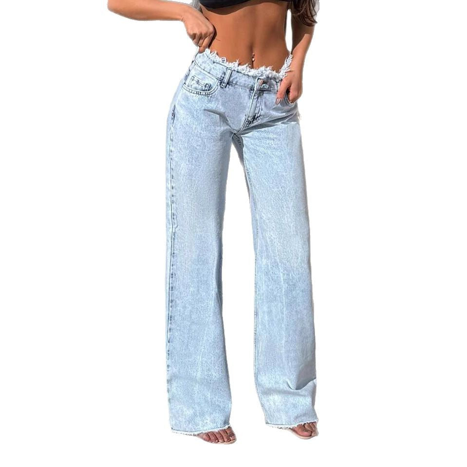 Raw Hem Jeans Women's High Waist Slimming Draping Baggy Pants Wide Leg Pants