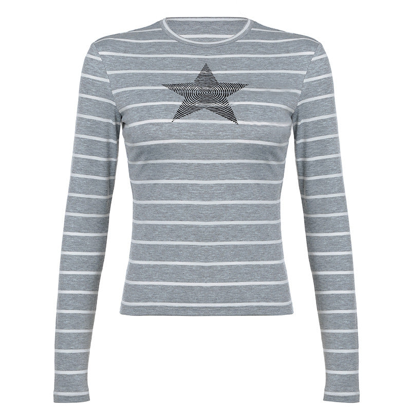 Street Striped Simple Commuter Style XINGX Contrast Color Long Sleeves Top