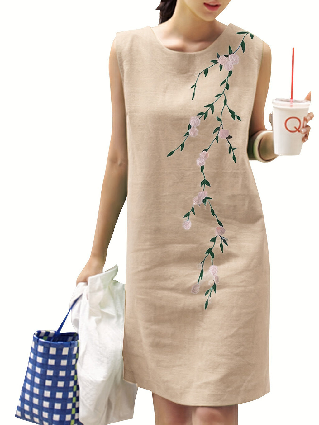 Cotton Linen Round-neck Sleeveless Embroidered Dress