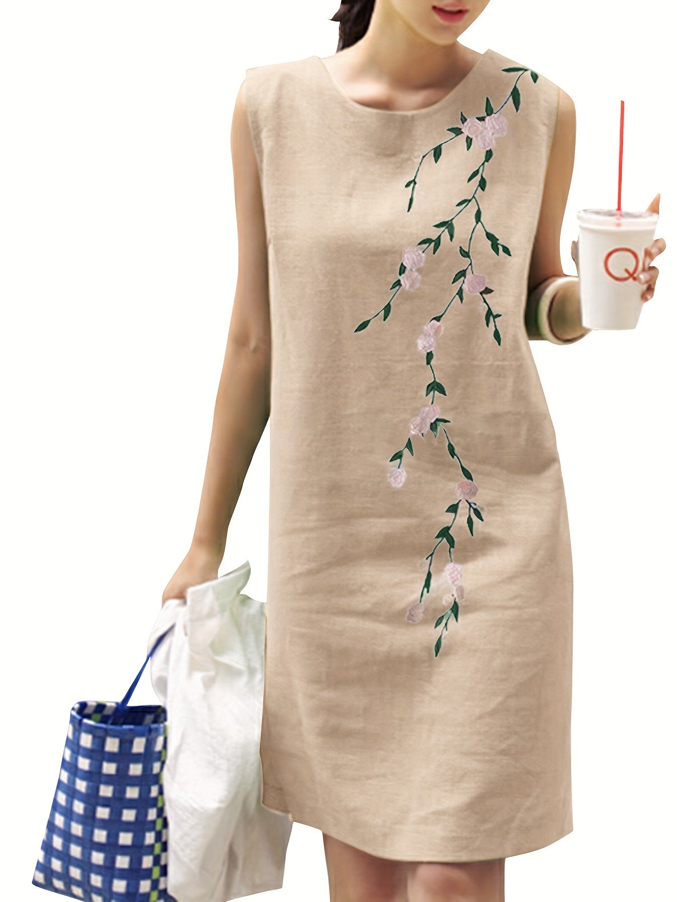 Cotton Linen Round-neck Sleeveless Embroidered Dress