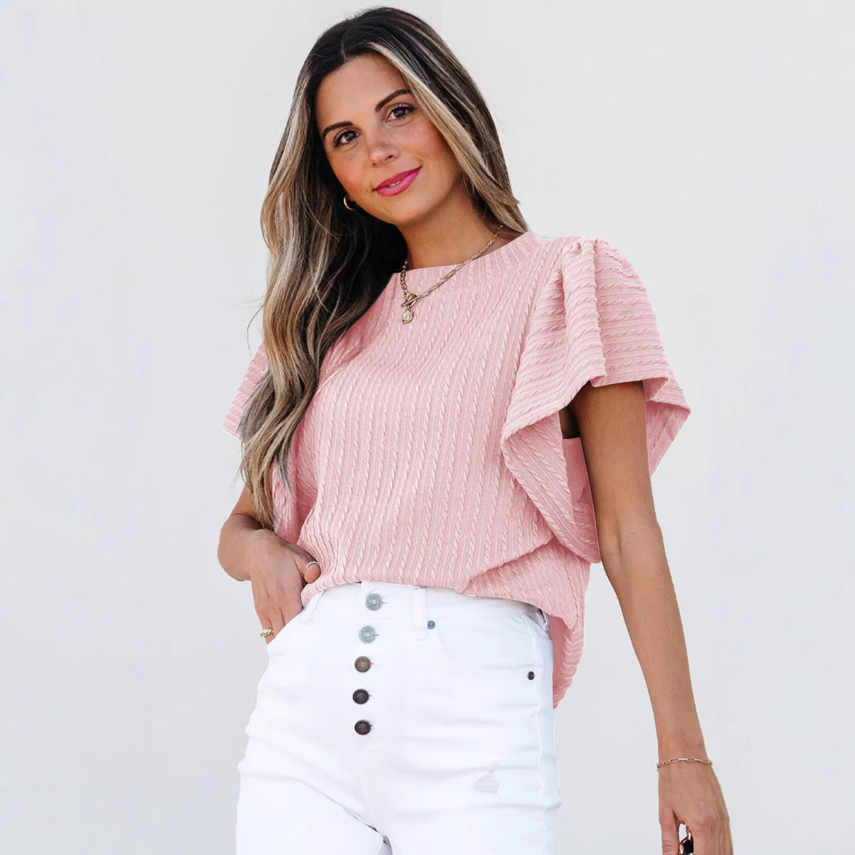 Women's Double-layer Ruffled Polyester Short-sleeved Round Neck T-shirt