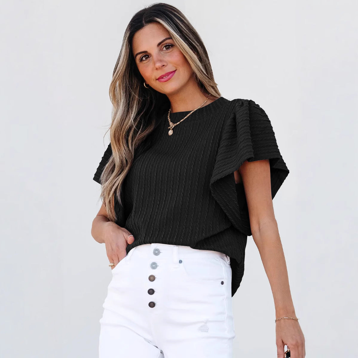 Women's Double-layer Ruffled Polyester Short-sleeved Round Neck T-shirt