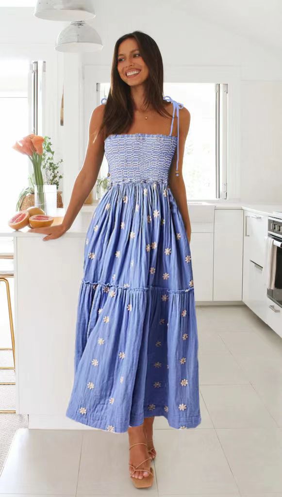 Smocking SUNFLOWER Embroidery A- Line Large Hem Dress