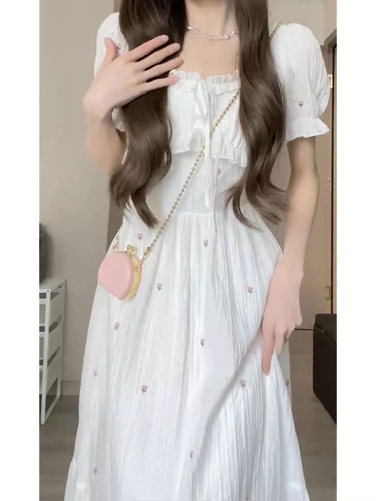 White Moonlight Short Sleeve Cinched Slimming Long Dress