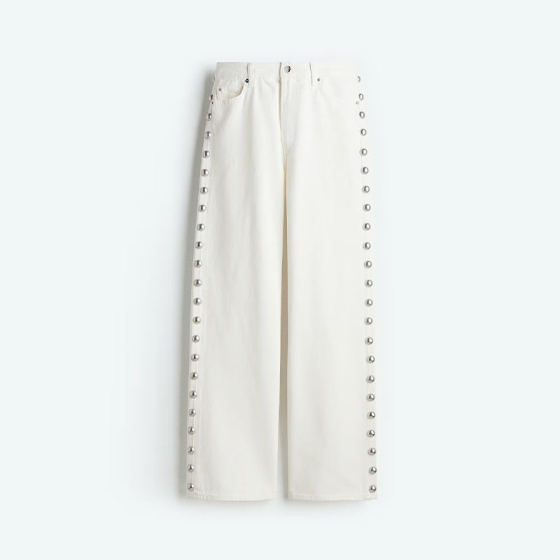 Women's Retro Design Side Round Beads Decorative Jeans