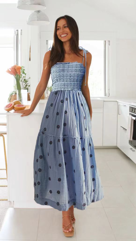 Smocking SUNFLOWER Embroidery A- Line Large Hem Dress
