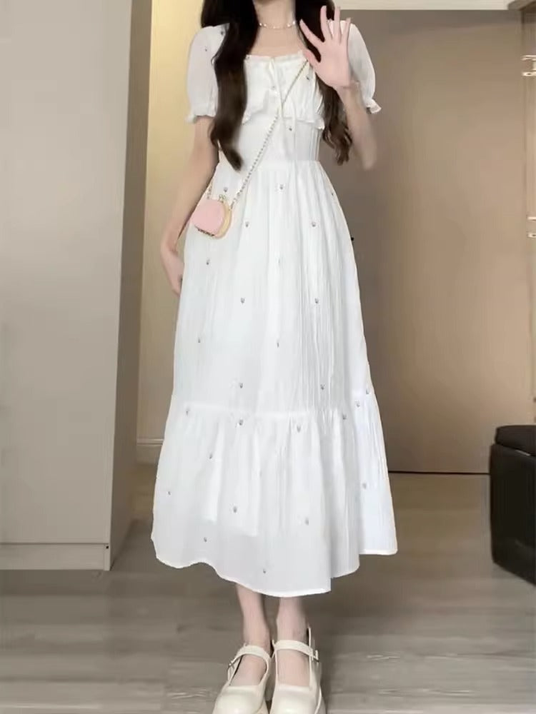 White Moonlight Short Sleeve Cinched Slimming Long Dress